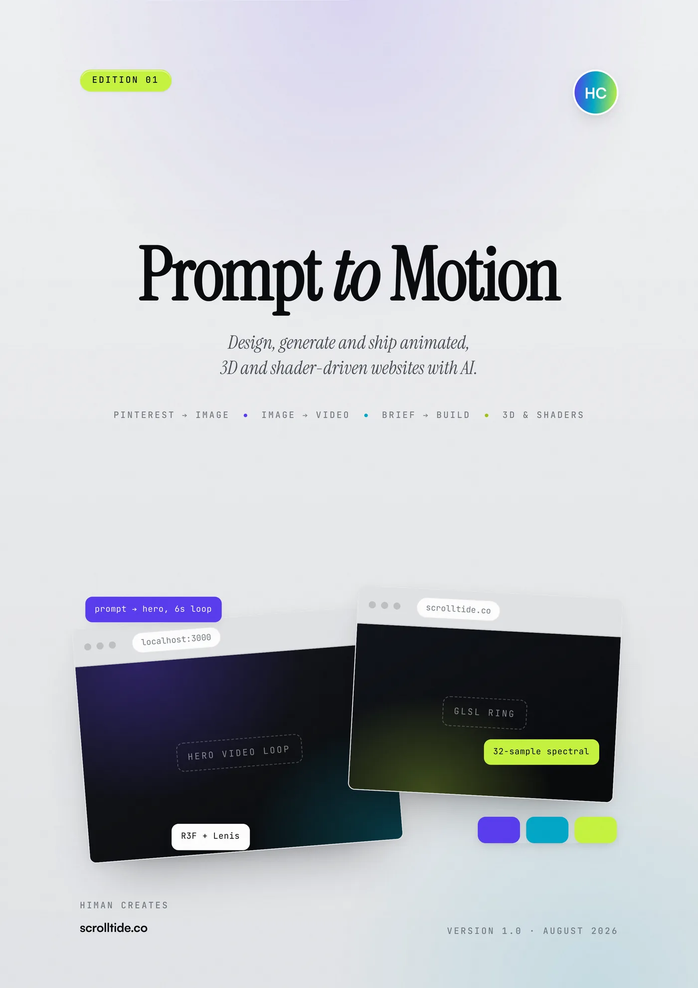 Cover of Prompt to Motion — Design, generate and ship animated, 3D and shader-driven websites with AI.